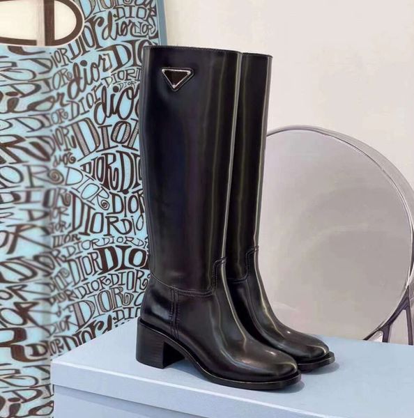 Novas botas com painéis triangulares na altura do joelho bloco robusto sola de couro bota de equitação alta mulheres designers de luxo de alta qualidade sapatos de moda calçados de fábrica TGB