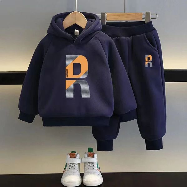 Conjuntos de roupas Inverno Crianças Fleece Grosso Hoodies Terno para Menino Sportswear 2 + Y Jovem Criança Roupas Outono Quente Meninas Com Capuz Tops Pant Matching Set 231118