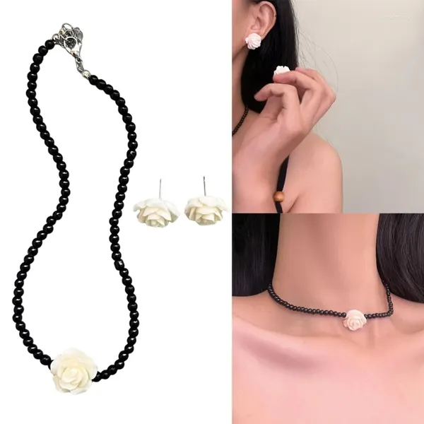 Colares de pingente elegante preto contas colar branco rosa neckalce studs brincos jóias perfeitas para mulheres elegantes