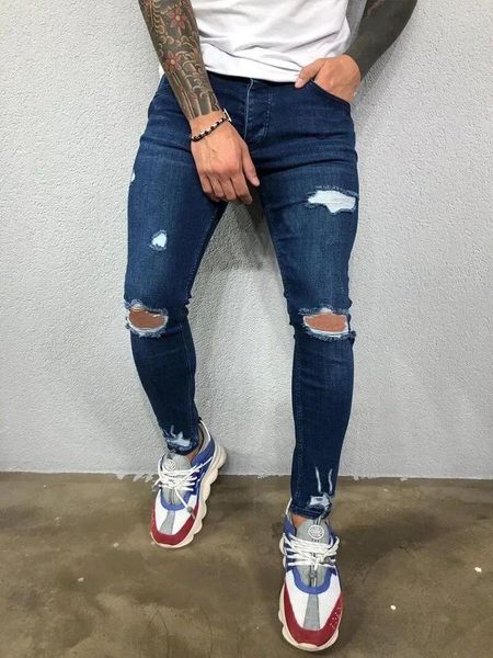 Jeans da uomo Fashion Street Style pantaloni skinny strappati al ginocchio lavaggio vintage pantaloni in denim tinta unita pantaloni da jogging casual slim da uomo