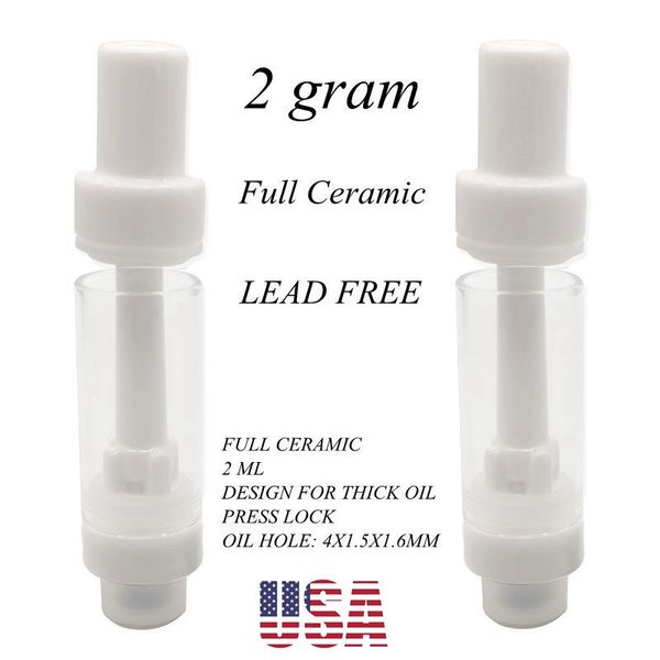 Cartuccia in ceramica piena da 2,0 ml Magazzino USA Magazzino 510 Pressa su cartucce Vape Carrelli per olio denso Serbatoio vaporizzatore usa e getta vuoto 400 pezzi / custodia