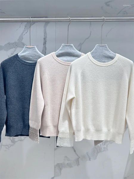 Suéter feminino cashmere mulheres cor sólida lantejoulas punhos suéter manga comprida em torno do pescoço outono inverno senhoras com nervuras de malha macia