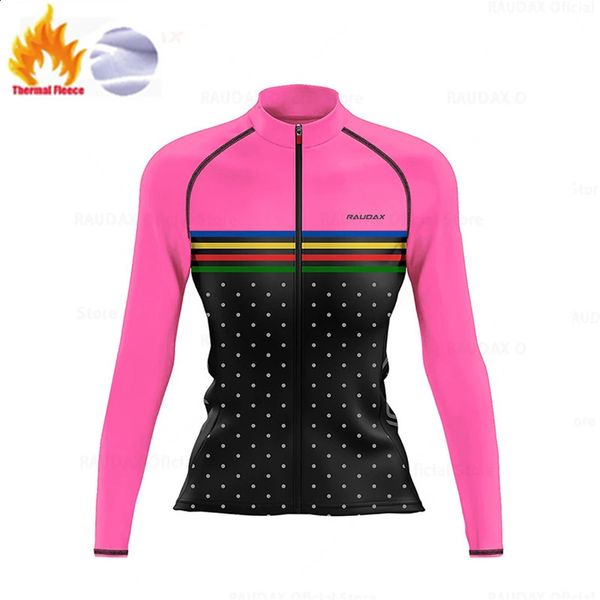 Велосипедные рубашки Топы Pink Dot Lady Winter Jersey Женские термофлисовые трикотажные изделия с длинными рукавами Ropa Ciclismo Mujer Женская спортивная одежда 231118