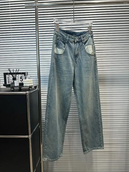 Jeans da donna 2023 Pantaloni in denim con design a lettera tascabile blu alla moda Pantaloni Jean dritti larghi femminili alla moda Lady