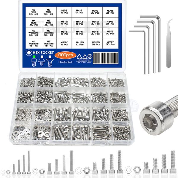 Werkzeugteile 880-teiliges Sechskant-Innensechskant-Schrauben-Set M2 M3 M4 M5 304 Edelstahl Flachrundkopfmuttern Unterlegscheiben-Sortiment Kit 230419