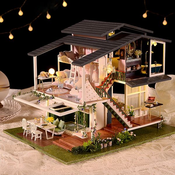 Architektur DIY Haus DIY Mini Puppenhaus Gebäude Montage Spielzeug Leuchten Miniatur Romantischer Holz 3D Garten mit Möbeln 231118