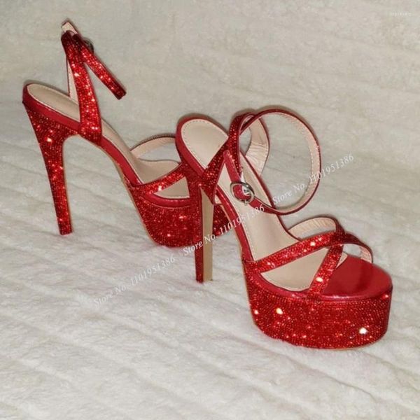 Sandalen Pereira Red Bling Crystal Platform Thin High Heel Open Toe Schuhe für Damen auf Heels Sommer Zapatillas Mujer