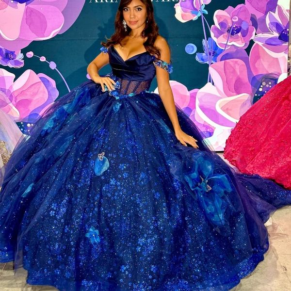 Azul marinho com decote em v lantejoulas fora do ombro vestido quinceanera vestido de baile trem varredura rendas flor contas tule princesa festa vestido de baile