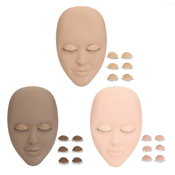 Pincéis de maquiagem para extensão de cílios, manequim facial, 3 pares de pálpebras, borracha de camada única, cabeça removível, efeito 3D para prática