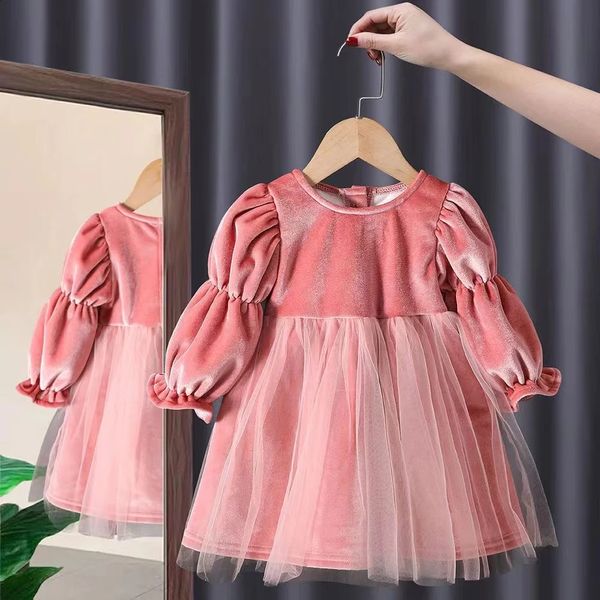 Vestidos da menina primavera outono criança criança infantil princesa rosa tutu festa roupas quentes veludo puff manga crianças para meninas 231118