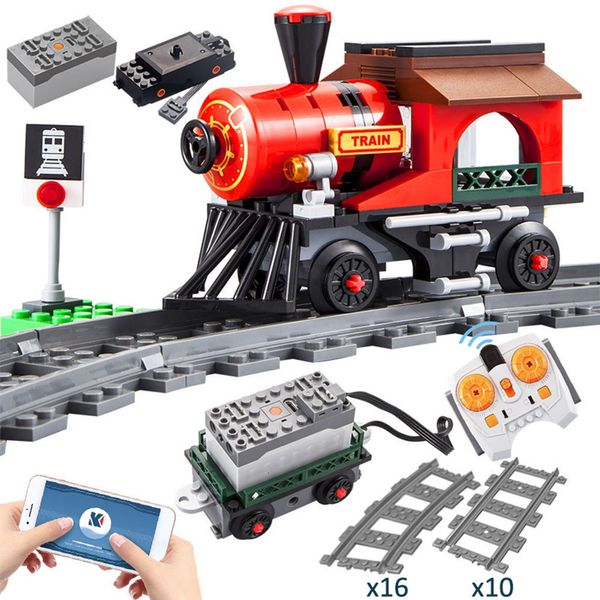 ElectricRC Track Treno telecomandato Ferrovia elettrica Building Block DIY RC Veicolo ferroviario Mattoni Regali Giocattoli per bambini 230419