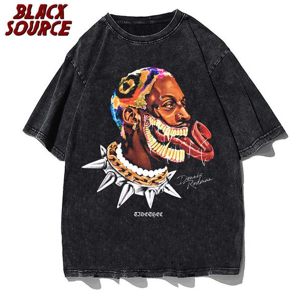 T-shirts masculinos Retro Tshirt Men Men Oversized Funny Funny Spoof Rodman Tshirt Impresso Hiphop Streetwear Algodão Lavado de manga curta Vintage camiseta J230419