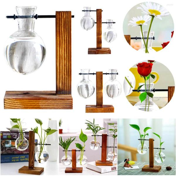 Vasen Bulb Terrarium Hydroponische Pflanzenvase Holzrahmenständer Transparente Glasflasche Tischplatte Bonsai Dekor Vintage Blume