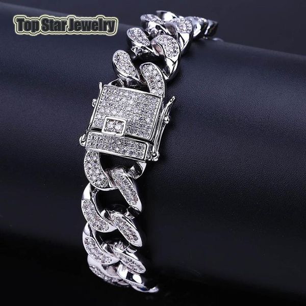 Micro-inserti in rame Diamante bianco MIAMI CUBAN LINK Bracciali Uomo Hip Hop Bling Catene ghiacciate con portagioie279T