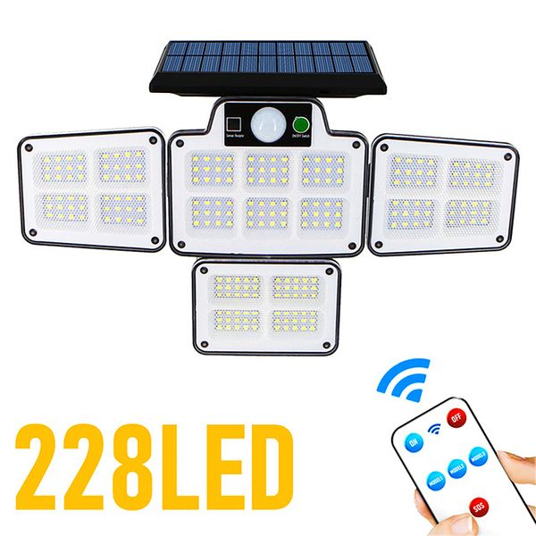 Luzes solares de lâmpada de parede externa, 168 228 LEVA LED LUZ DE ENVOLHA DE MOVIMENTO, 3 cabeças com 3 modos, IP65 impermeável, Segurança remota LIGHTAGEM ALIME