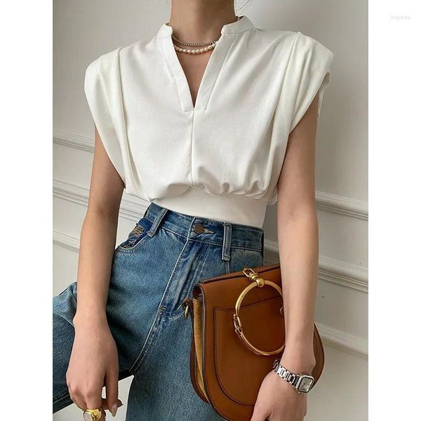 Camicette da donna Chic Scollo a V Donna T-shirt Pullover allentato Camicie senza maniche T-shirt Crop Top Office Lady Abbigliamento Estate Bianco