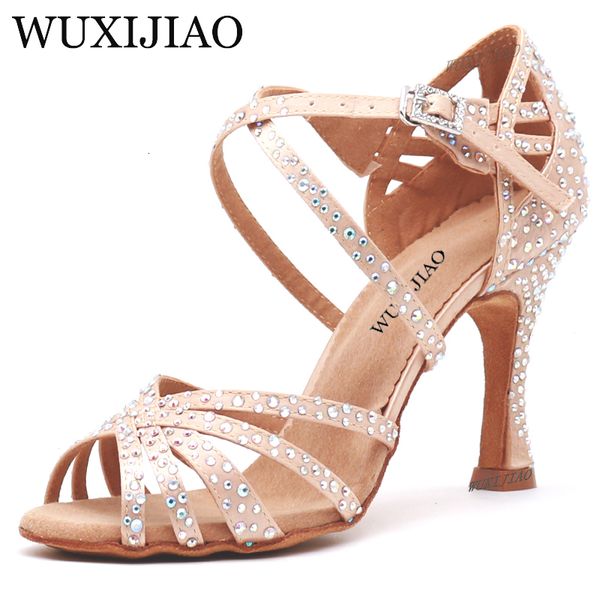 Sapatos de dança wuxijiao feminino partido cetim shining shinstones de fundo latino sapatos de dança latina salsa sapatos de dança salto 5cm-10cm 230420