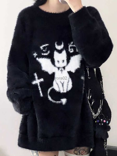 Kadın Sweaters Devil Black Crewneck Sweater Cat Winter 2023 Y2K Giyim Kazak Kadınlar Yeni Gevşek Örgü Üst Kuyruk