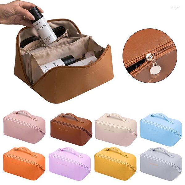 Bolsas de cosméticos maquiagem feminina Case de grande capacidade Bolsa de higiene pessoal portátil portátil bolsa de maquiagem de couro