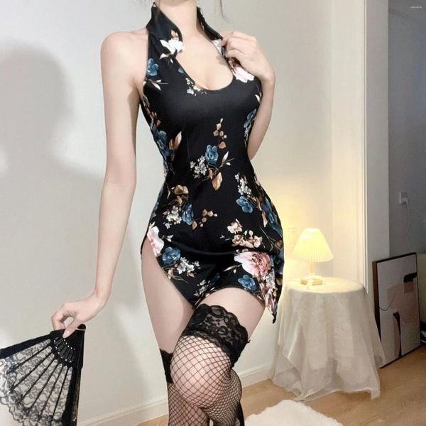 Etnik Kıyafet Retro Çin Cheongsam Üniforma Kadınlar Şeffaf Cosplay Seksi iç çamaşırı pornoları mini qipao elbise gör