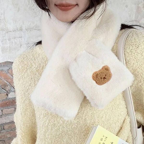 Sciarpe Sciarpa di peluche Donna Inverno caldo Ragazza carina Pelliccia sintetica Orso addensato Croce Foulard di lusso Femme Luxe Marque