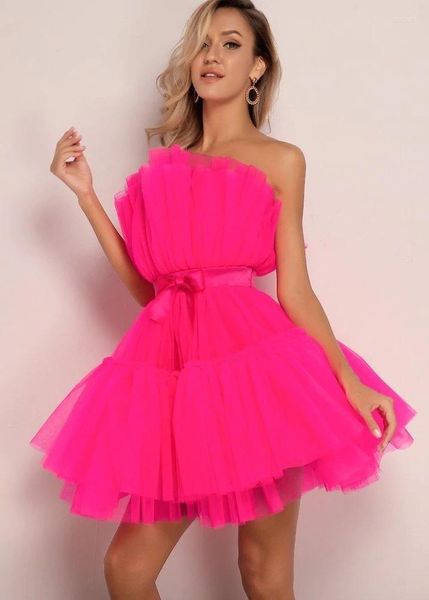 Casual Kleider Mesh Solid Pink Geraffte Halloween Kleid Frauen Schärpen Trägerlos Club Lose Rückenfrei Hohe Taille Sexy Party Vestido