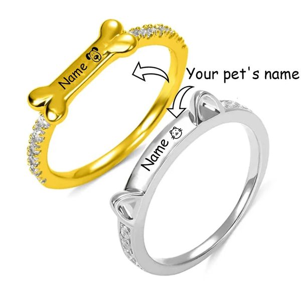 Anéis de casamento 925 prata personalizado nome do animal de estimação anéis para mulheres mens anel gato orelha osso em forma de osso com anel de cristal nome personalizado jóias presentes 231120