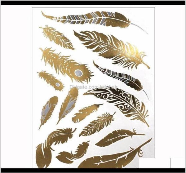 Tatuaggi Body Art Salute Bellezza1 Pz Flash Metallico Impermeabile Oro Sier Moda Donna Henné Piuma di pavone Design Temporaneo Tatt7726712