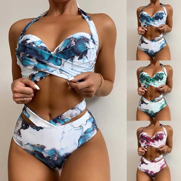 Swim Wear Bikinis Swimwear Women Swimsuites 2023 Verão Conjuntos de duas peças Push Up Halter feminino Rouched Wrap Front Cantura Alta Artilha AA230419