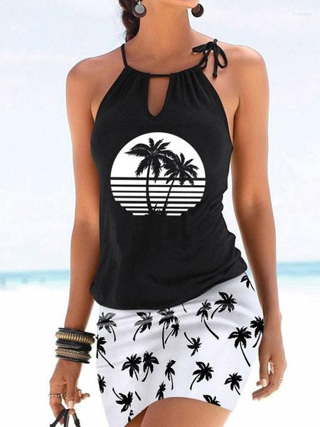 Abiti casual Cravatta con albero di cocco Collo a buco della serratura Mini abito senza maniche Canotta sexy da donna Slim Fit Beach Sundress corto Summer Black