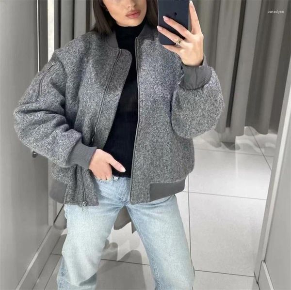 Giubbotti da donna Donna Casual Grigio Sciolto Bomber di lana 2023 Autunno Inverno Ragazze Cerniera calda Solido femminile Capispalla oversize