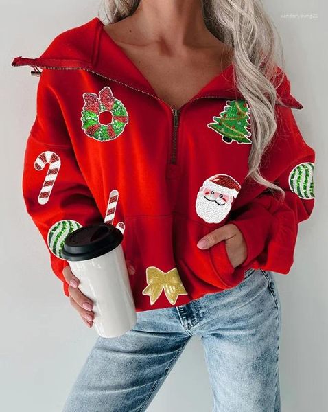 Suéteres femininos Mulheres Drawstring Zipper Design Hoodies 2023 Manga Longa Natal Lantejoula Decoração Gráfico Moletom Pulôver Solto Fit