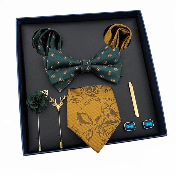 Gravatas de pescoço vintage verde gravata masculina conjunto de luxo para presente de casamento bowtie lenço abotoaduras clipe broche masculino gravata 231118