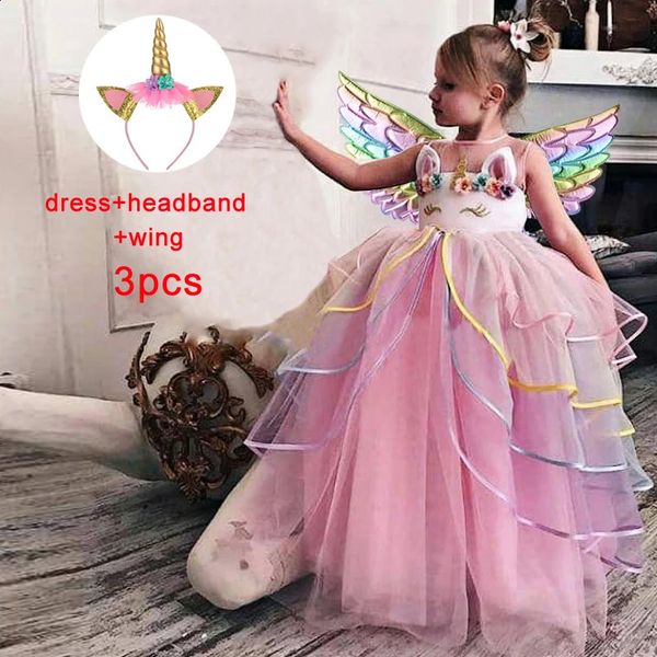 Комплекты одежды 2023 Радужное платье с единорогом для детей, девочек, детский костюм на день рождения, вечерние платья принцессы для девочек, Vestidos, ролевое танцевальное представление 231118
