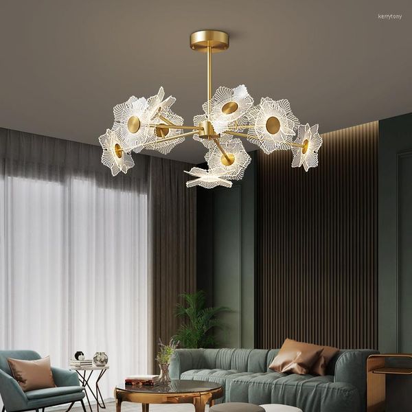 Lampadari a LED per soggiorno, camera da letto, sala da pranzo, cucina, lampada in rame, lampade a sospensione a petalo acrilico dal design moderno in stile dorato