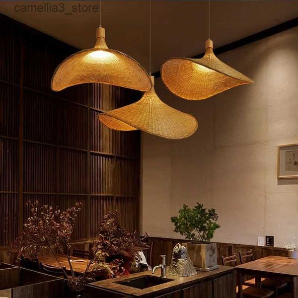 Luzes de teto mão fazer bambu vime led pingente liight teto vintage pendurado lâmpada rattan para sala de jantar iluminação interior lustre q231120