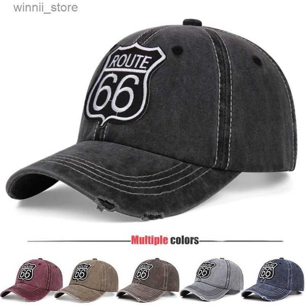 Ball Caps Trends Route 66 Nakış Retro Yıkanmış Bayanlar Şapka UNISEX SUN HAT BEYAZAL KAPI Erkekler için ayarlanabilir denim baba Hatl231120