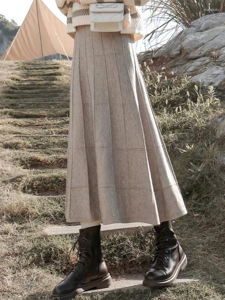Saias inverno feminino elegante malha a-line saia senhoras tornozelo comprimento plissado casual sólido longo para moda feminina 2023