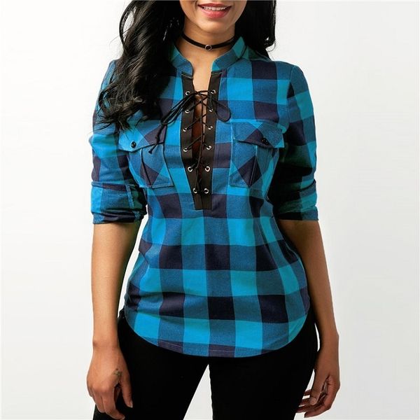 Costumi da bagno da uomo Camicette a maniche lunghe primaverili Camicia Office Lady Cotton Lace up Tunica Casual Top Plus Size Blusa Plaid s 230420