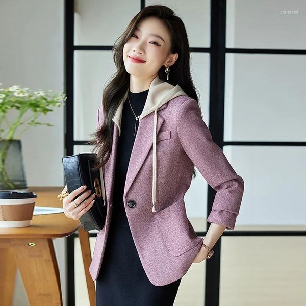 Ternos femininos 2023 Moda feminina feminina de lã Jaqueta casual Casual Spring Autumn Autumn Blazers de capuz destacável Lady offic