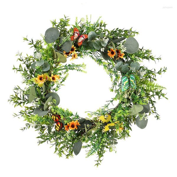 Flores decorativas de folhas verdes artificiais Spring Wreath Door Simulação Garland Daisy Butterfly Eucalyptus para Hom