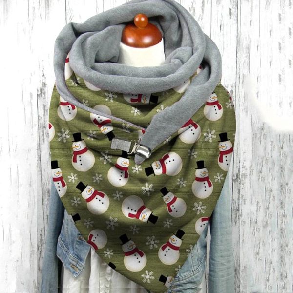 Шарфы, рождественский зимний шарф, модный шарф на пуговицах, мягкие шали с принтом снеговика, повседневные накидки, теплые лаймовые женские плотные вязаные шарфы