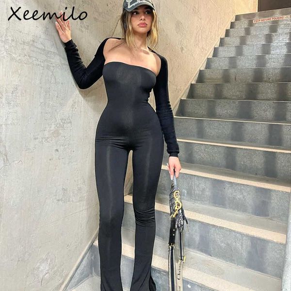 Tute da donna Pagliaccetti Xeemilo Tuta da donna nera con scollo a barchetta senza spalline aderente Tuta svasata Pantalone Sexy con zip posteriore Tute senza schienale Casual Streetwear P230419