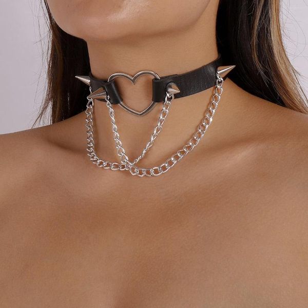 Girocollo Collana a catena punk per donna Ragazze Cuore Spike Chocker Collare in pelle nera Gioielli gotici Accessori moda