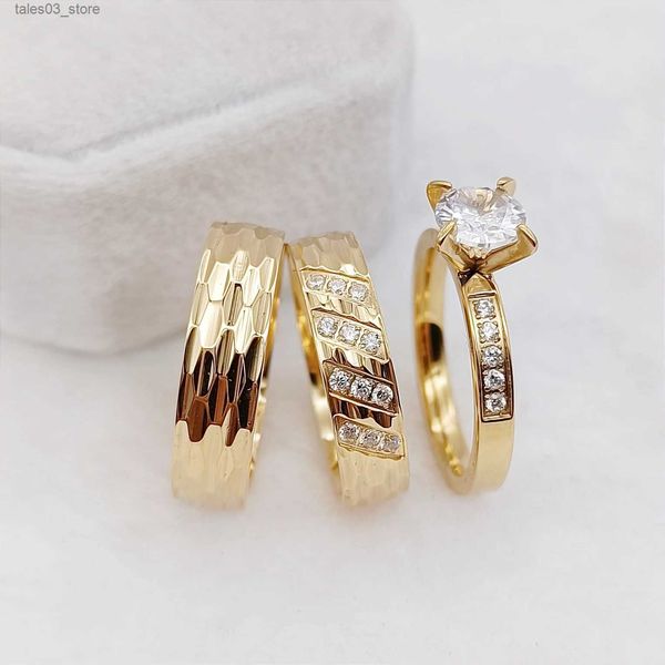 Anneaux de mariage En gros 3 pièces martelé bagues de fiançailles de mariage ensembles pour les couples plaqué or 24 carats bijoux bague en zircone cubique Q231120