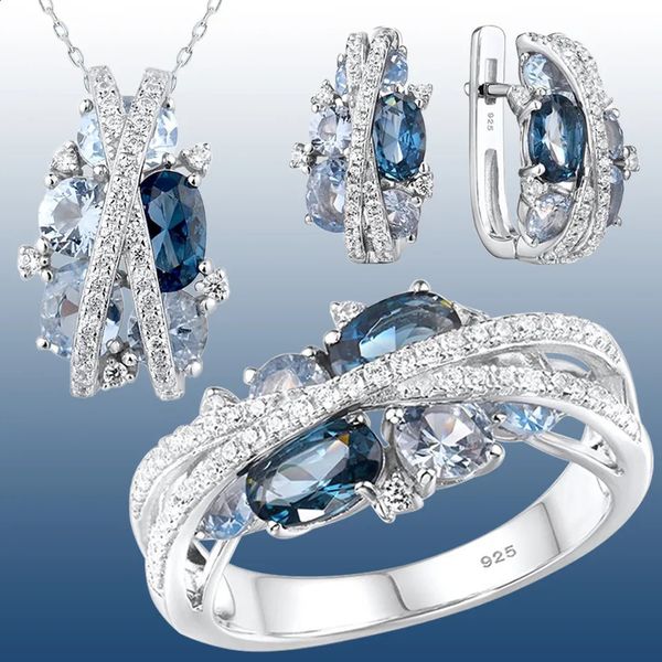 Set di gioielli da sposa Designer di lusso Set di cristalli di zaffiro per le donne Croce Infinita Anello Orecchini Collana Regalo di San Valentino 231118