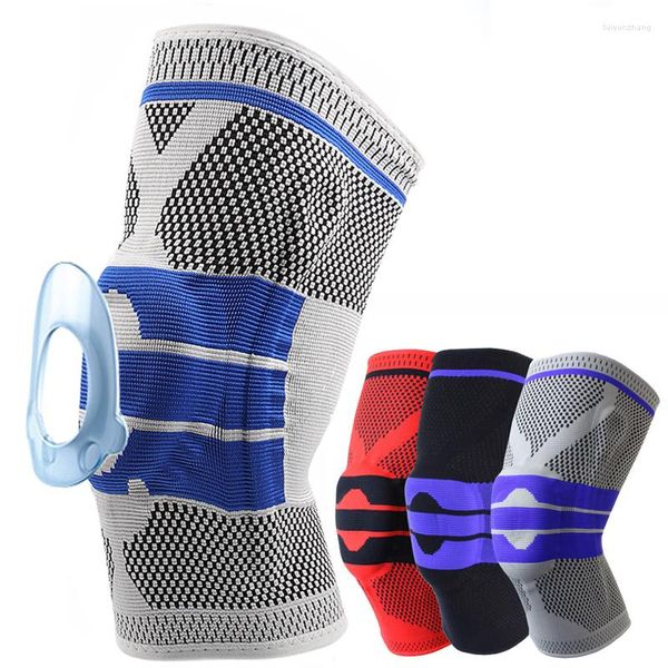 Ginocchiere Protezione di sicurezza sportiva Supporto in silicone Barre laterali Supporto a molla Fasciatura per gambe in nylon elastico Pressione fitness per basket