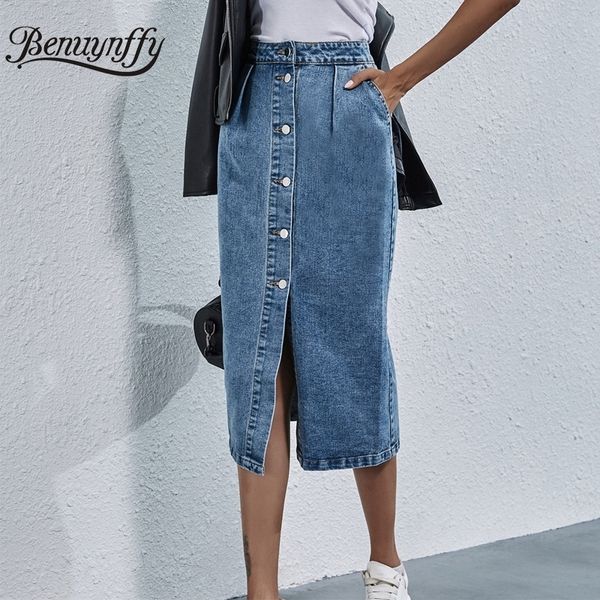 Röcke Benuynffy Einreiher, knielang, Denim, Damen, Streetwear, lässig, mit hoher Taille, gerade Jeans 230420
