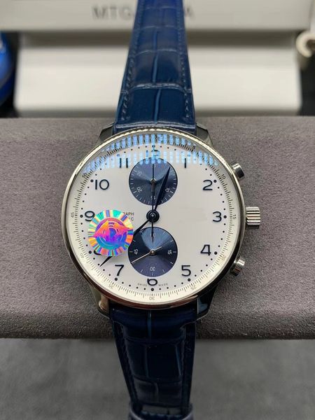 41MM 371620 orologio da uomo blu Cronografo cronografo di qualità massima cinturino in vera pelle 69355 orologio da polso automatico da uomo orologi vetro zaffiro affari impermeabili