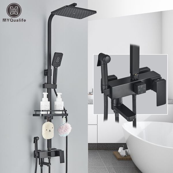 Bathroom chuveiro cabeças de bronze preto conjunto de chuvas Tap com prateleira 4 funções Altura Ajuste o misturador Crane Fast Delivey 230419